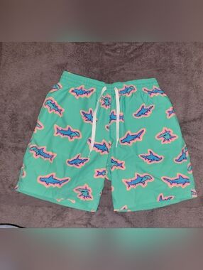 chubbies Mint Green Swim Trunks with Blue and Pink Shark Print